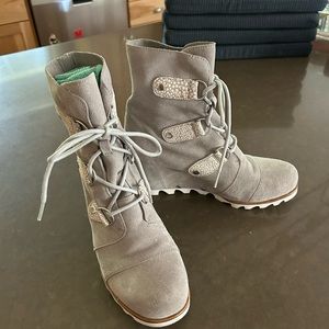 Light Grey Suede Sorel Women’s Joan of Arctic Wedge Booties, Size 8.5